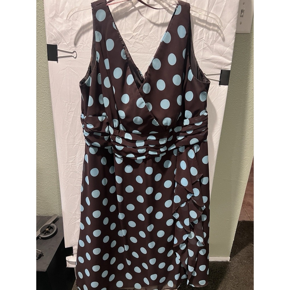 Jessica Howard Brown w/ Lt Blue Polka Dot Lined Midi Dress Sz 22W V-neck